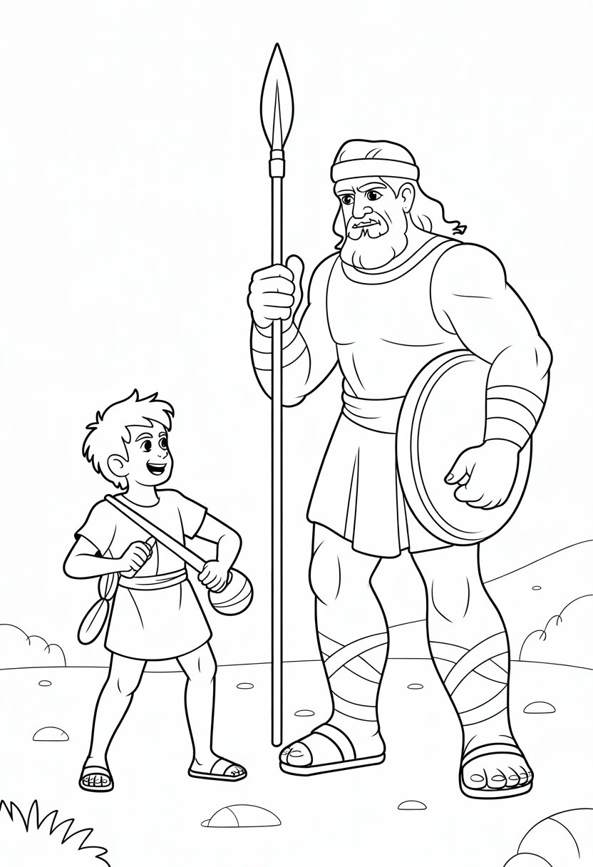 Christian Coloring Pages for Kids: 20 Inspirational Designs to Inspire Faith 26 A young boy with a sling facing a large armored giant holding a spear and shield on a simple battlefield.